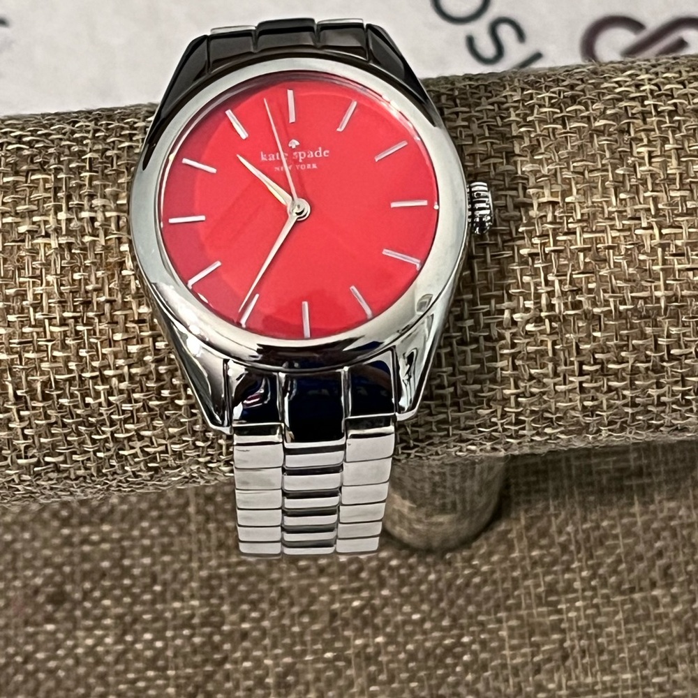 KATE SPADE PRE-LOVED AUTHENTIC SILVER-PLATED ROUND VIBRANT RED DIAL WATCH